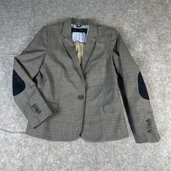 Zara Basic Blazer Women’s Large One-Button Elbow-Patch Gray Plaid Career - Picture 1 of 10